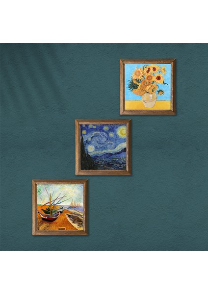 Van Gogh Taş Duvar Tablosu Ahşap Çerçeveli Duvar Dekoru 3 Parça Tablo Seti Wall Art W3-92
