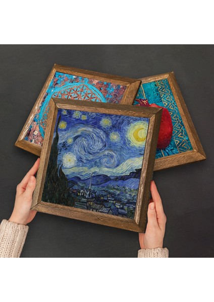Van Gogh Taş Duvar Tablosu Ahşap Çerçeveli Duvar Dekoru 3 Parça Tablo Seti Wall Art W3-92