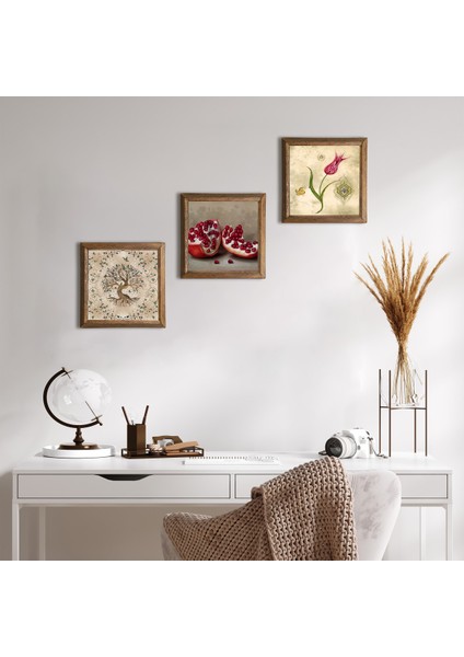 Lale Ebru Sanatı, Hayat Ağacı, Nar Taş Duvar Tablosu Ahşap Çerçeveli Duvar Dekoru 3 Parça Tablo Seti Wall Art W3-920