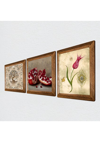 Lale Ebru Sanatı, Hayat Ağacı, Nar Taş Duvar Tablosu Ahşap Çerçeveli Duvar Dekoru 3 Parça Tablo Seti Wall Art W3-920