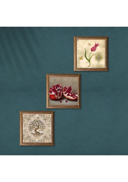Lale Ebru Sanatı, Hayat Ağacı, Nar Taş Duvar Tablosu Ahşap Çerçeveli Duvar Dekoru 3 Parça Tablo Seti Wall Art W3-920