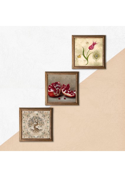 Lale Ebru Sanatı, Hayat Ağacı, Nar Taş Duvar Tablosu Ahşap Çerçeveli Duvar Dekoru 3 Parça Tablo Seti Wall Art W3-920