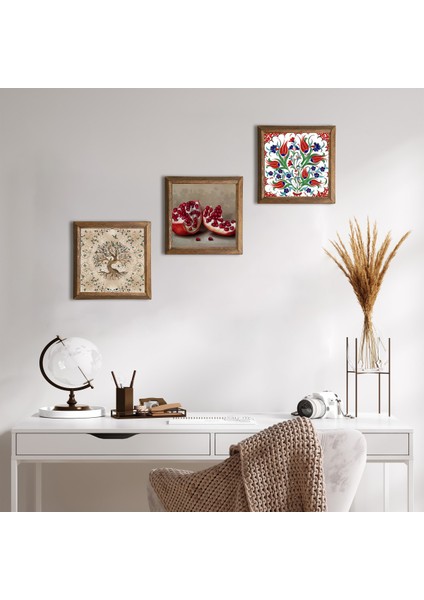 Çini Sanatı Lale, Hayat Ağacı, Nar Taş Duvar Tablosu Ahşap Çerçeveli Duvar Dekoru 3 Parça Tablo Seti Wall Art W3-930