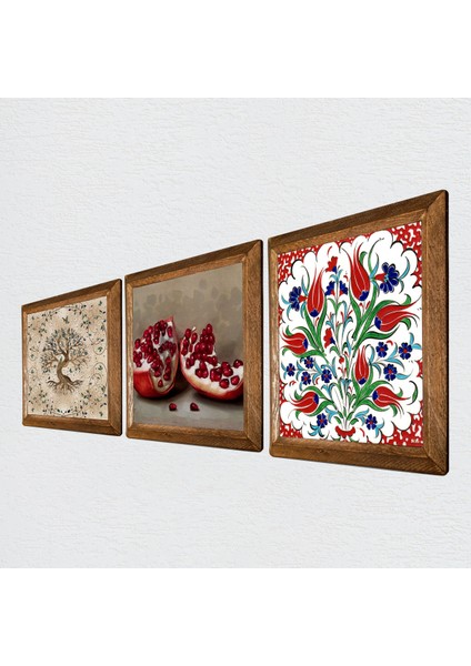 Çini Sanatı Lale, Hayat Ağacı, Nar Taş Duvar Tablosu Ahşap Çerçeveli Duvar Dekoru 3 Parça Tablo Seti Wall Art W3-930 fiyatları