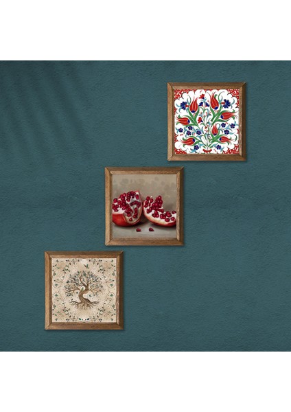 Çini Sanatı Lale, Hayat Ağacı, Nar Taş Duvar Tablosu Ahşap Çerçeveli Duvar Dekoru 3 Parça Tablo Seti Wall Art W3-930 modelleri