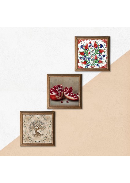 Çini Sanatı Lale, Hayat Ağacı, Nar Taş Duvar Tablosu Ahşap Çerçeveli Duvar Dekoru 3 Parça Tablo Seti Wall Art W3-930 indirimleri