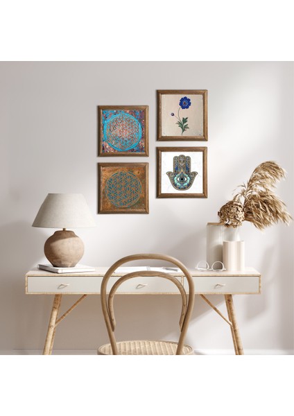 Yaşam Çiçeği, Ebru Sanatı, Fatma Ana Eli (Hamsa) Taş Duvar Tablosu Ahşap Çerçeveli Duvar Dekoru 4 Parça Tablo Seti Wall Art W4-408