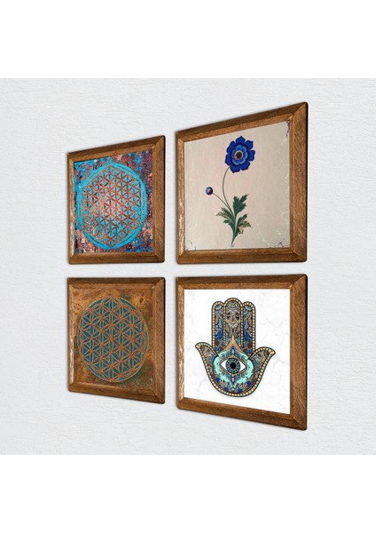 Yaşam Çiçeği, Ebru Sanatı, Fatma Ana Eli (Hamsa) Taş Duvar Tablosu Ahşap Çerçeveli Duvar Dekoru 4 Parça Tablo Seti Wall Art W4-408
