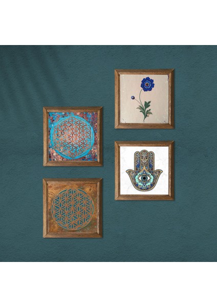 Yaşam Çiçeği, Ebru Sanatı, Fatma Ana Eli (Hamsa) Taş Duvar Tablosu Ahşap Çerçeveli Duvar Dekoru 4 Parça Tablo Seti Wall Art W4-408