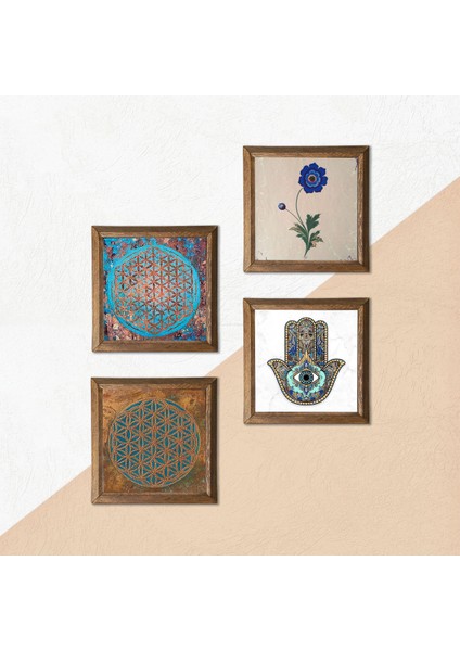 Yaşam Çiçeği, Ebru Sanatı, Fatma Ana Eli (Hamsa) Taş Duvar Tablosu Ahşap Çerçeveli Duvar Dekoru 4 Parça Tablo Seti Wall Art W4-408