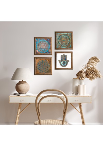 Yaşam Çiçeği, Fatma Ana Eli (Hamsa) Ahşap Çerçeveli Taş Duvar Tablosu 4’lü Set – 25x25 cm Dekoratif Modern Sanat – Ev ve Ofis Dekoru |W4-422|