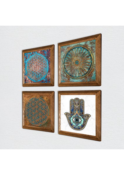 Yaşam Çiçeği, Fatma Ana Eli (Hamsa) Ahşap Çerçeveli Taş Duvar Tablosu 4’lü Set – 25x25 cm Dekoratif Modern Sanat – Ev ve Ofis Dekoru |W4-422| fiyatları