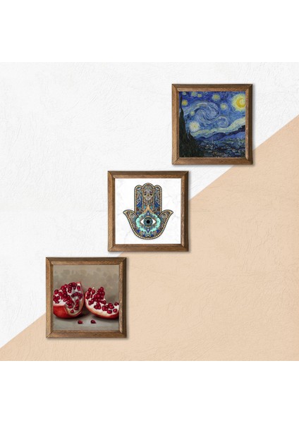 Van Gogh Yıldızlı Gece, Nar, Fatma Ana Eli (Hamsa) Taş Duvar Tablosu Ahşap Çerçeveli Duvar Dekoru 3 Parça Tablo Seti Wall Art W3-718