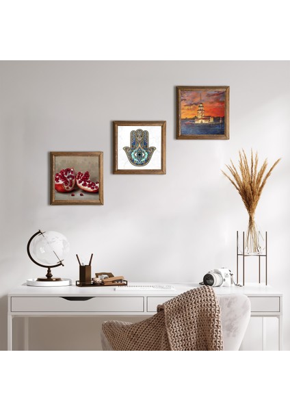 Stone İstanbul Kız Kulesi, Nar, Fatma Ana Eli (Hamsa) Ahşap Çerçeveli Taş Duvar Tablosu 3’lü Set – 25x25 cm Dekoratif Modern Sanat – Ev ve Ofis Dekoru |W3-723|