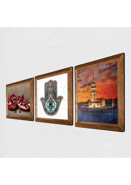 Stone İstanbul Kız Kulesi, Nar, Fatma Ana Eli (Hamsa) Ahşap Çerçeveli Taş Duvar Tablosu 3’lü Set – 25x25 cm Dekoratif Modern Sanat – Ev ve Ofis Dekoru |W3-723| fiyatları