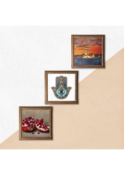 Stone İstanbul Kız Kulesi, Nar, Fatma Ana Eli (Hamsa) Ahşap Çerçeveli Taş Duvar Tablosu 3’lü Set – 25x25 cm Dekoratif Modern Sanat – Ev ve Ofis Dekoru |W3-723| indirimleri