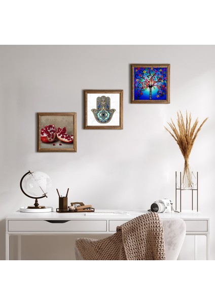 Stone Hayat Ağacı, Nar, Fatma Ana Eli (Hamsa) Ahşap Çerçeveli Taş Duvar Tablosu 3’lü Set – 25x25 cm Dekoratif Modern Sanat – Ev ve Ofis Dekoru |W3-726|