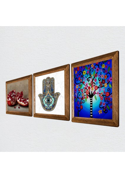 Stone Hayat Ağacı, Nar, Fatma Ana Eli (Hamsa) Ahşap Çerçeveli Taş Duvar Tablosu 3’lü Set – 25x25 cm Dekoratif Modern Sanat – Ev ve Ofis Dekoru |W3-726| fiyatları