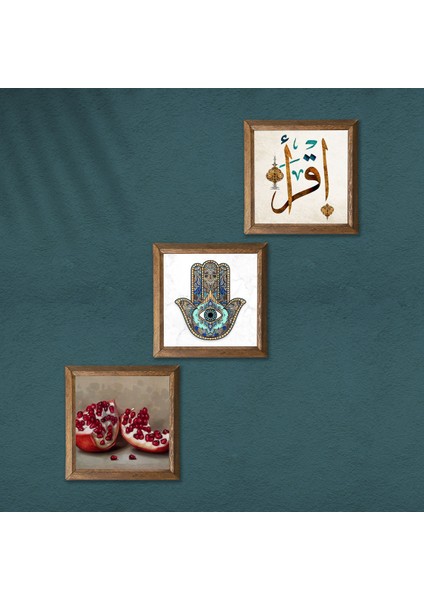 İlk Ayet 'Oku', Nar, Fatma Ana Eli (Hamsa) Ahşap Çerçeveli Taş Duvar Tablosu 3’lü Set – 25x25 cm Dekoratif Modern Sanat – Ev ve Ofis Dekoru |W3-733| modelleri