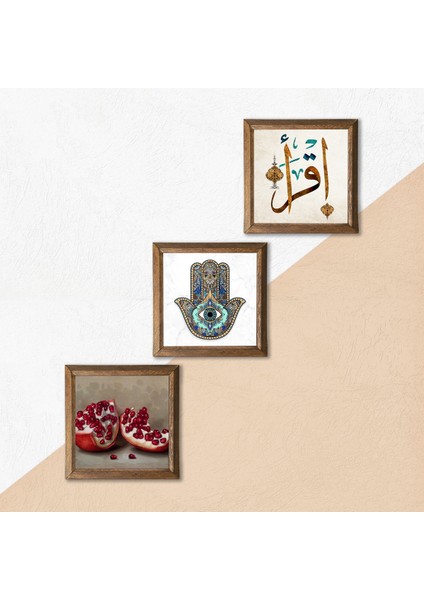 İlk Ayet 'Oku', Nar, Fatma Ana Eli (Hamsa) Ahşap Çerçeveli Taş Duvar Tablosu 3’lü Set – 25x25 cm Dekoratif Modern Sanat – Ev ve Ofis Dekoru |W3-733| indirimleri
