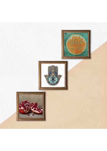Lotus Çiçeği, Nar, Fatma Ana Eli (Hamsa) Taş Duvar Tablosu Ahşap Çerçeveli Duvar Dekoru 3 Parça Tablo Seti Wall Art W3-750