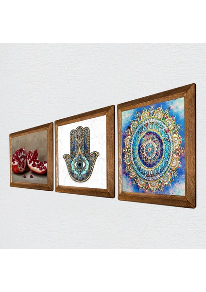 Stone Mandala, Nar, Fatma Ana Eli (Hamsa) Ahşap Çerçeveli Taş Duvar Tablosu 3’lü Set – 25x25 cm Dekoratif Modern Sanat – Ev ve Ofis Dekoru |W3-756| fiyatları