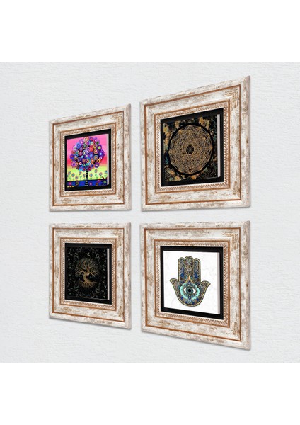 Stone Sri Yantra, Hayat Ağacı, Fatma Ana Eli (Hamsa) Çerçeveli Taş Duvar Tablosu 4’lü Set - Dekoratif Modern Sanat, Ev ve Ofis Dekoru |TK4-1050| fiyatları