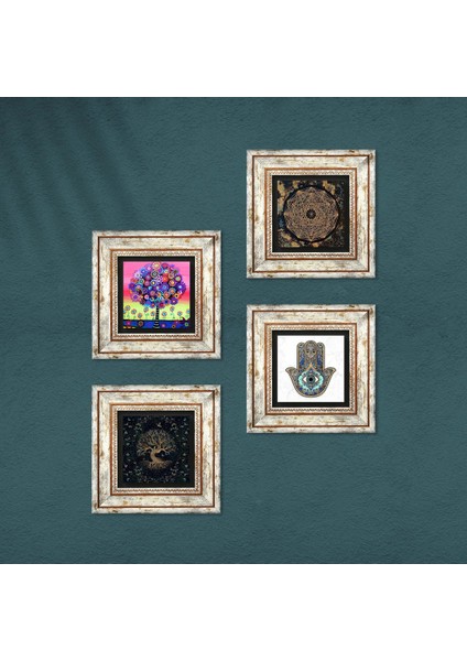 Stone Sri Yantra, Hayat Ağacı, Fatma Ana Eli (Hamsa) Çerçeveli Taş Duvar Tablosu 4’lü Set - Dekoratif Modern Sanat, Ev ve Ofis Dekoru |TK4-1050| fırsatları