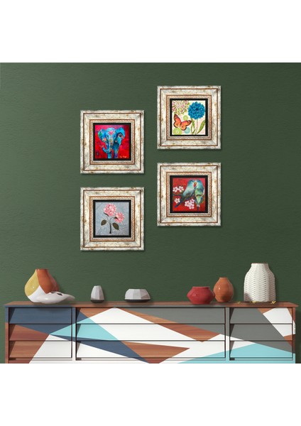 Kelebek, Fil, Kuş, Pembe Ortanca Çiçeği Taş Duvar Tablosu Çerçeveli Duvar Dekoru 4 Parça Tablo Seti Wall Art T4-1201