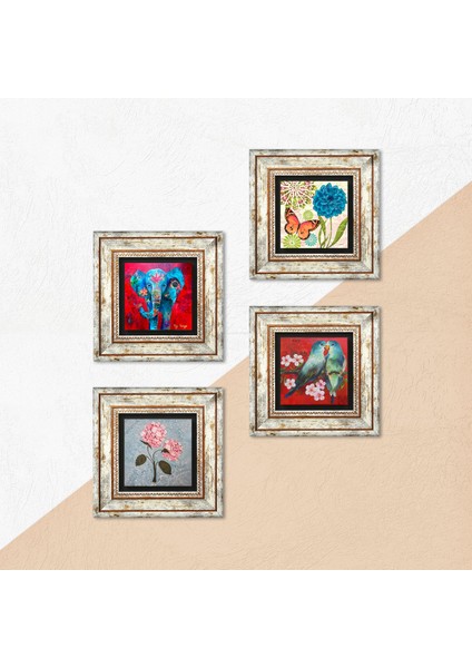 Kelebek, Fil, Kuş, Pembe Ortanca Çiçeği Taş Duvar Tablosu Çerçeveli Duvar Dekoru 4 Parça Tablo Seti Wall Art T4-1201 indirimleri