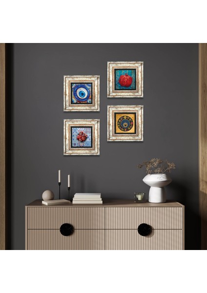 Nazar, Nar Taş Duvar Tablosu Çerçeveli Duvar Dekoru 4 Parça Tablo Seti Wall Art T4-1202