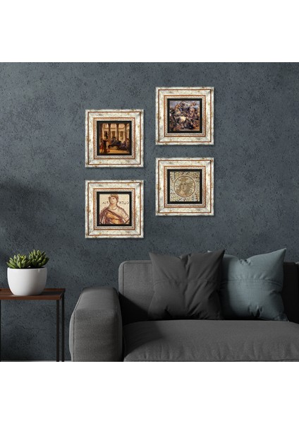 Soteria, Mozaik Serisi, Bir Roma Sanat Aşığı, Anghiari Savaşı Taş Duvar Tablosu Çerçeveli Duvar Dekoru 4 Parça Tablo Seti Wall Art T4-141