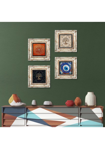 Nazar, Sri Yantra, Hayat Ağacı Taş Duvar Tablosu Çerçeveli Duvar Dekoru 4 Parça Tablo Seti Wall Art T4-1562