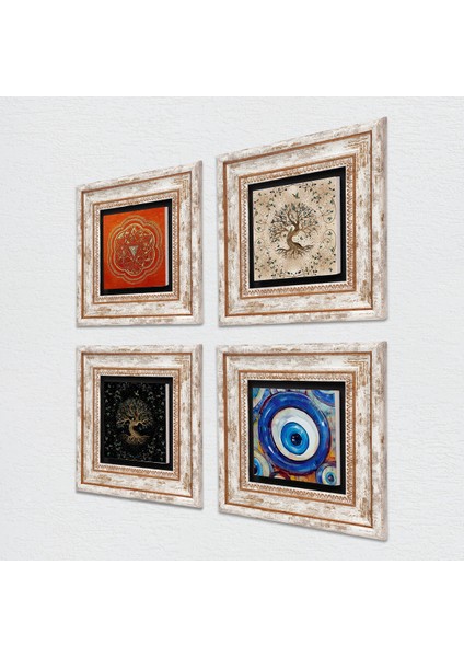 Nazar, Sri Yantra, Hayat Ağacı Taş Duvar Tablosu Çerçeveli Duvar Dekoru 4 Parça Tablo Seti Wall Art T4-1562 fiyatları