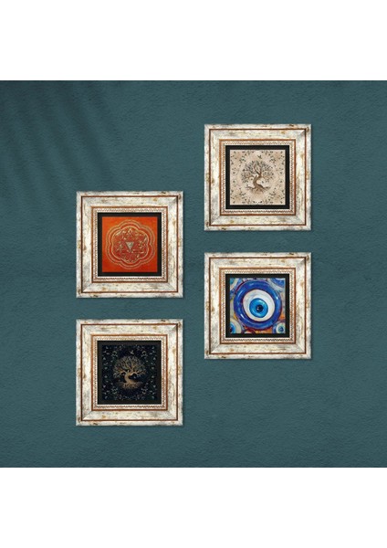 Nazar, Sri Yantra, Hayat Ağacı Taş Duvar Tablosu Çerçeveli Duvar Dekoru 4 Parça Tablo Seti Wall Art T4-1562 fırsatları
