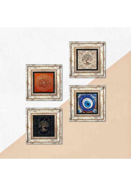 Nazar, Sri Yantra, Hayat Ağacı Taş Duvar Tablosu Çerçeveli Duvar Dekoru 4 Parça Tablo Seti Wall Art T4-1562 indirimleri