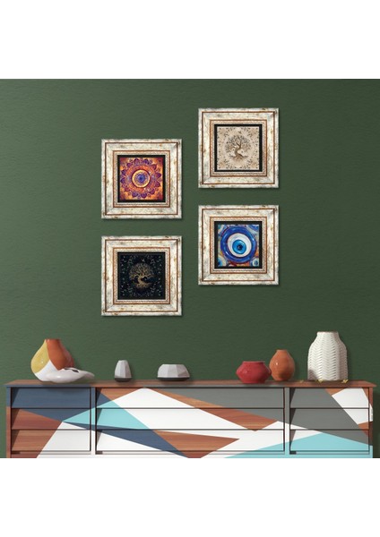 Nazar, Mandala, Hayat Ağacı Taş Duvar Tablosu Çerçeveli Duvar Dekoru 4 Parça Tablo Seti Wall Art T4-1578