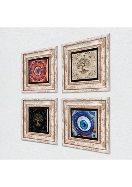 Nazar, Mandala, Hayat Ağacı Taş Duvar Tablosu Çerçeveli Duvar Dekoru 4 Parça Tablo Seti Wall Art T4-1578