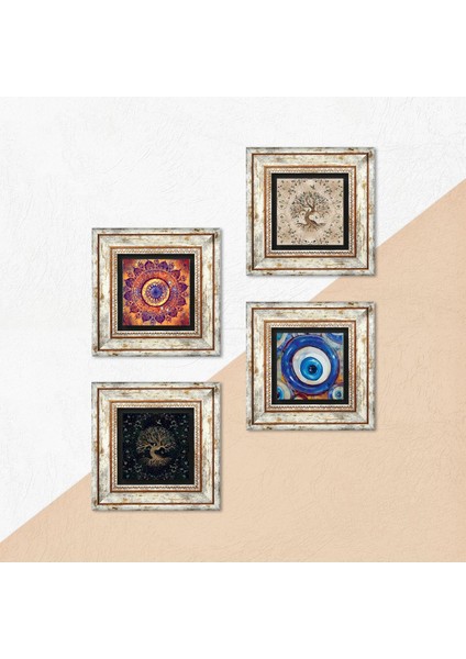 Nazar, Mandala, Hayat Ağacı Taş Duvar Tablosu Çerçeveli Duvar Dekoru 4 Parça Tablo Seti Wall Art T4-1578
