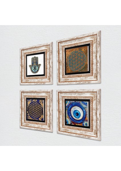 Stone Nazar, Yaşam Çiçeği, Fatma Ana Eli (Hamsa) Çerçeveli Taş Duvar Tablosu 4’lü Set - Dekoratif Modern Sanat, Ev ve Ofis Dekoru |TK4-1581| fiyatları