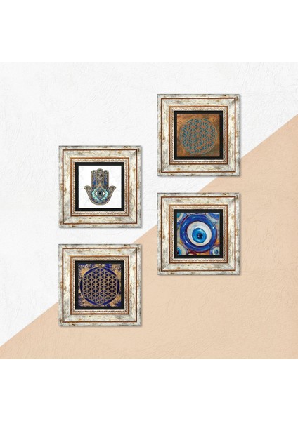 Stone Nazar, Yaşam Çiçeği, Fatma Ana Eli (Hamsa) Çerçeveli Taş Duvar Tablosu 4’lü Set - Dekoratif Modern Sanat, Ev ve Ofis Dekoru |TK4-1581| indirimleri