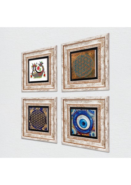 Nazar, Yaşam Çiçeği, Şahmeran Çerçeveli Taş Duvar Tablosu 4’lü Set - Dekoratif Modern Sanat, Ev ve Ofis Dekoru |TK4-1588| fiyatları