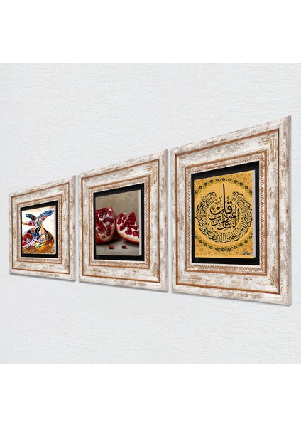 Nas Suresi, Semazen, Nar Taş Duvar Tablosu Çerçeveli Duvar Dekoru 3 Parça Tablo Seti Wall Art T3-881