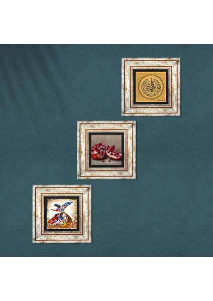 Nas Suresi, Semazen, Nar Taş Duvar Tablosu Çerçeveli Duvar Dekoru 3 Parça Tablo Seti Wall Art T3-881