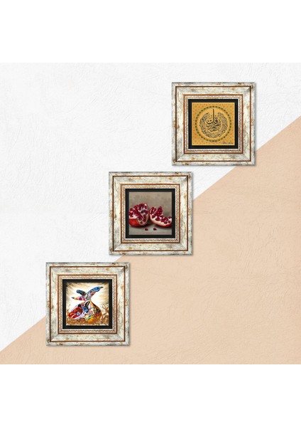 Nas Suresi, Semazen, Nar Taş Duvar Tablosu Çerçeveli Duvar Dekoru 3 Parça Tablo Seti Wall Art T3-881