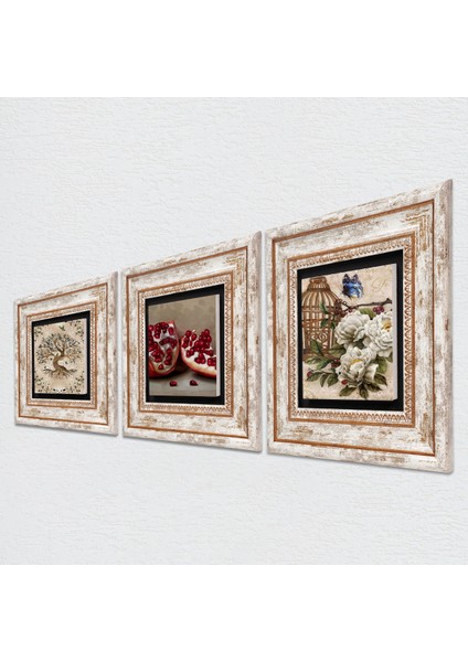 Kelebekli Çiçek, Hayat Ağacı, Nar Taş Duvar Tablosu Çerçeveli Duvar Dekoru 3 Parça Tablo Seti Wall Art T3-898