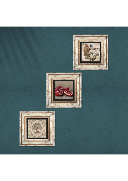 Kelebekli Çiçek, Hayat Ağacı, Nar Taş Duvar Tablosu Çerçeveli Duvar Dekoru 3 Parça Tablo Seti Wall Art T3-898
