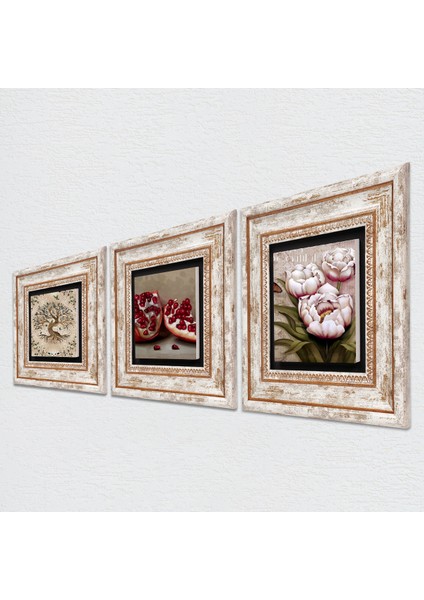 Kelebekli Çiçek, Hayat Ağacı, Nar Taş Duvar Tablosu Çerçeveli Duvar Dekoru 3 Parça Tablo Seti Wall Art T3-900 fiyatları