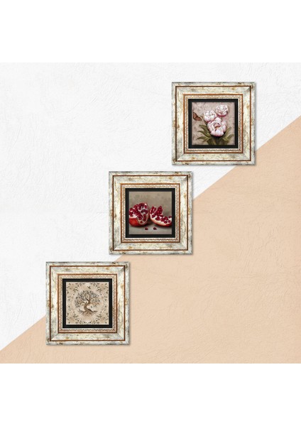 Kelebekli Çiçek, Hayat Ağacı, Nar Taş Duvar Tablosu Çerçeveli Duvar Dekoru 3 Parça Tablo Seti Wall Art T3-900 indirimleri