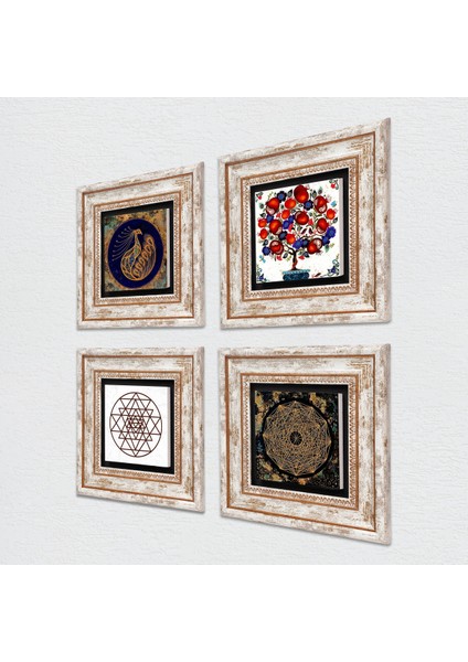 Tavus Kuşu, Sri Yantra, Nar Ağacı Taş Duvar Tablosu Çerçeveli Duvar Dekoru 4 Parça Tablo Seti Wall Art T4-1016